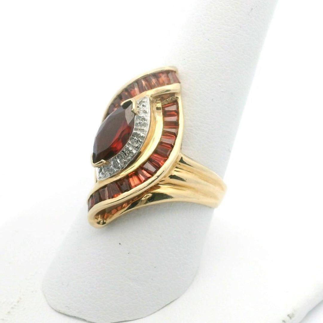 14k Yellow Gold Red Garnet and Diamond Ladies Ring Size 8.75