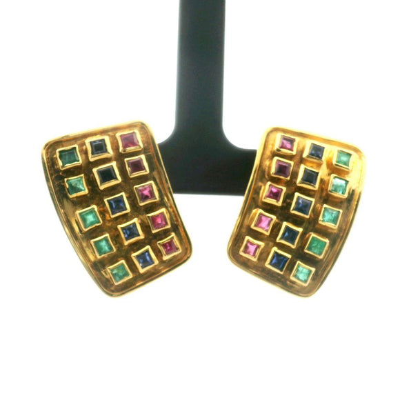 18k Yellow Gold Ruby Emerald and Sapphire Vintage Clip On Earrings 1