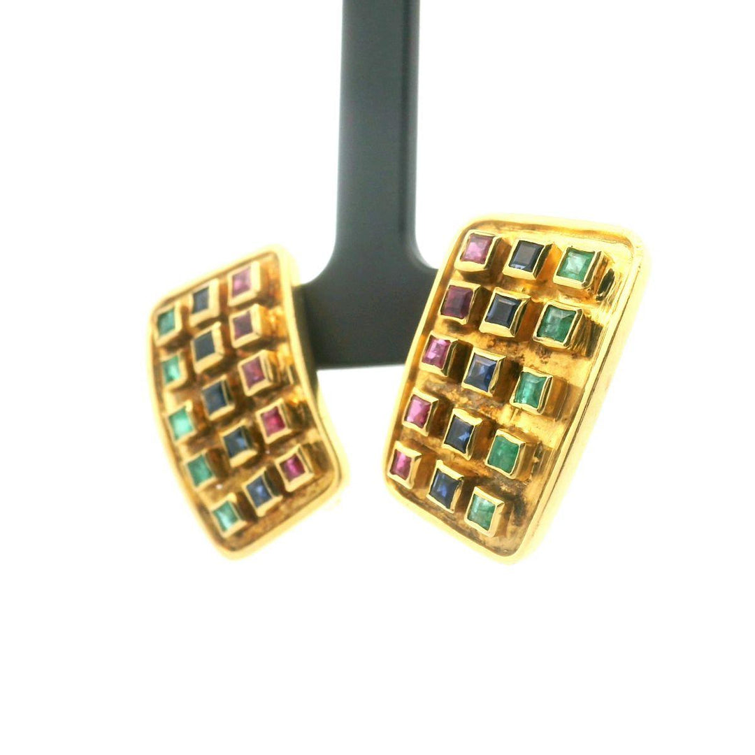 18k Yellow Gold Ruby Emerald and Sapphire Vintage Clip On Earrings 1"