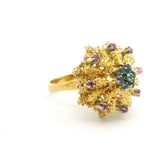 18k Yellow Gold Emerald Blue and Pink Sapphire Floral Cocktail Ring Size 7