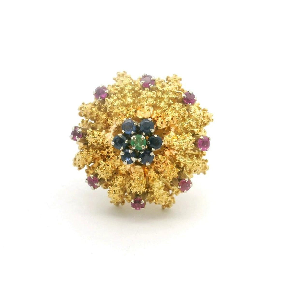 18k Yellow Gold Emerald Blue and Pink Sapphire Floral Cocktail Ring Size 7