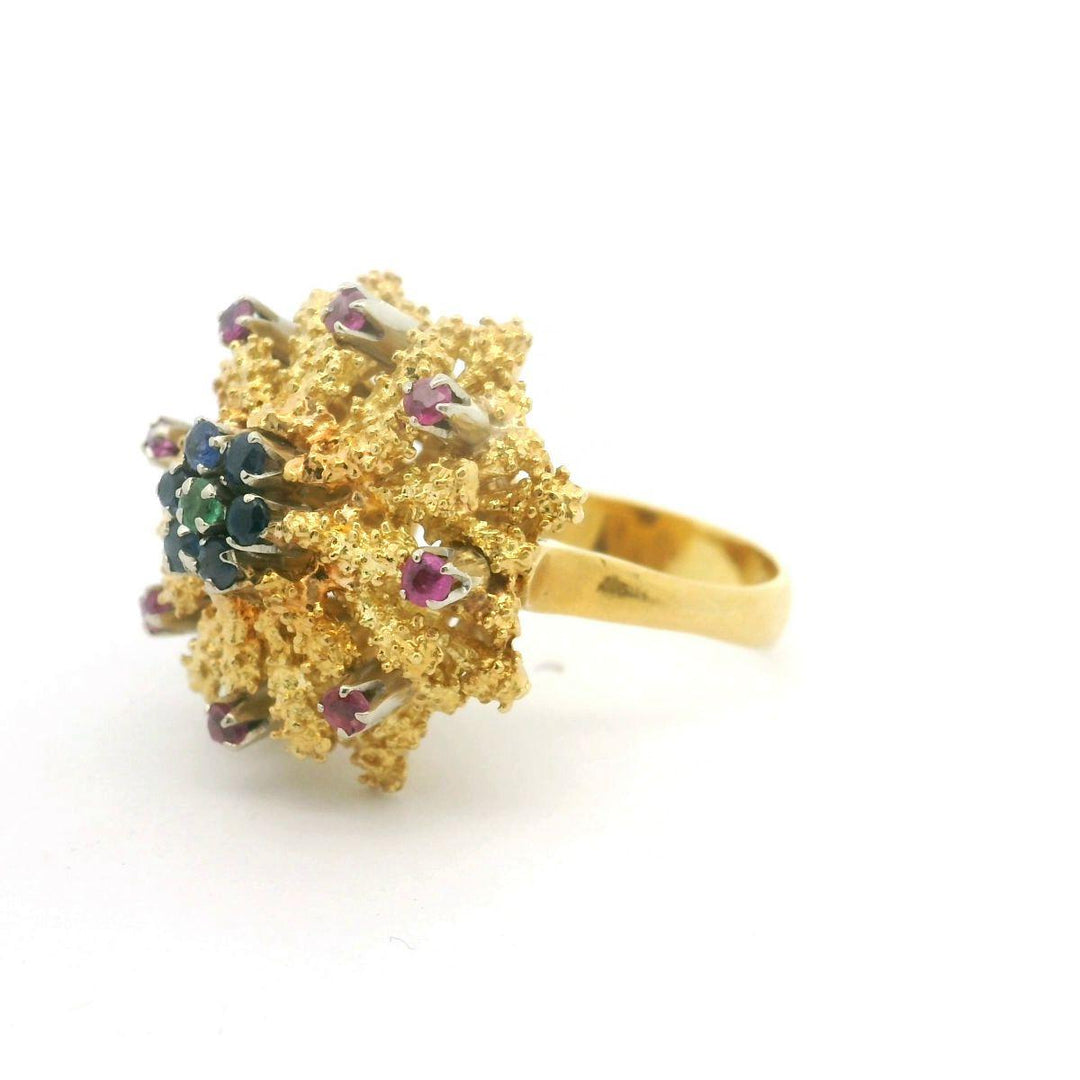 18k Yellow Gold Emerald Blue and Pink Sapphire Floral Cocktail Ring Size 7