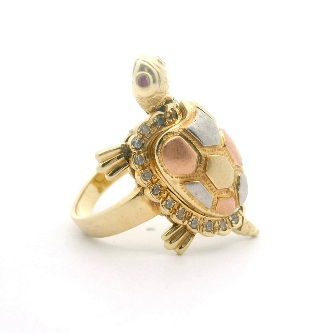 14k Tri Tone Gold 11.6g Pink Sapphire and CZ Turtle Ring Size 6.75