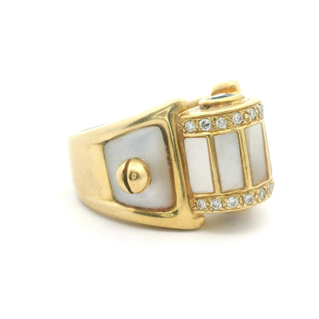 18k Yellow Gold 15g Mother of Pearl Diamond and Sapphire Ring Size 7.25