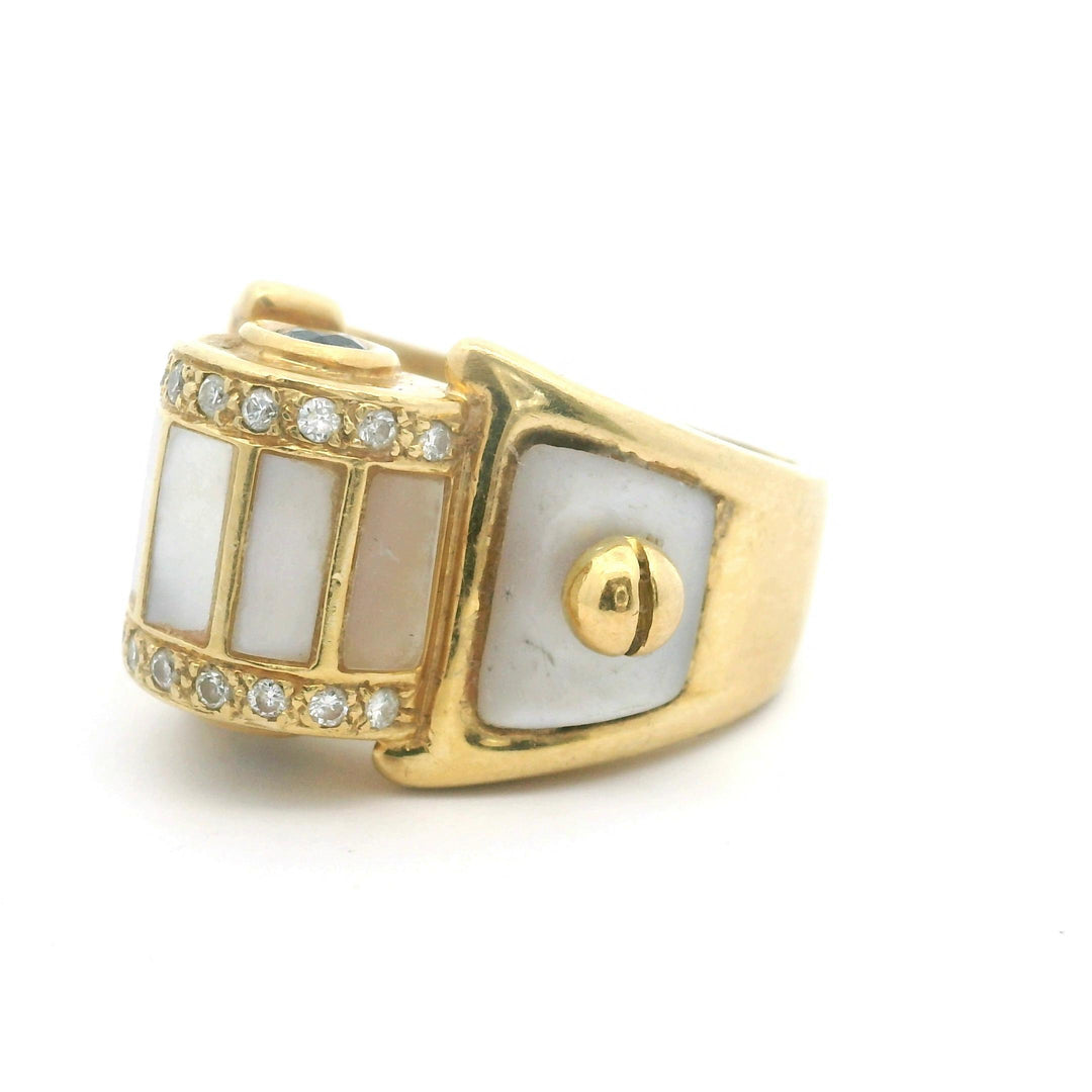 18k Yellow Gold 15g Mother of Pearl Diamond and Sapphire Ring Size 7.25