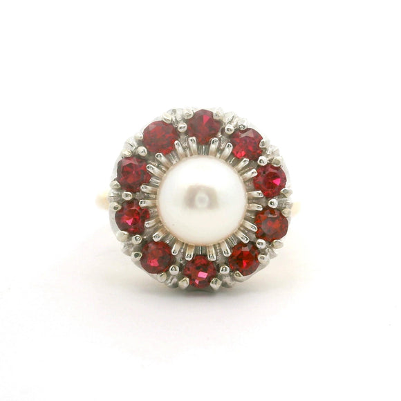 14k Yellow and White Gold Pearl and Ruby Ladies Ring Size 6.75