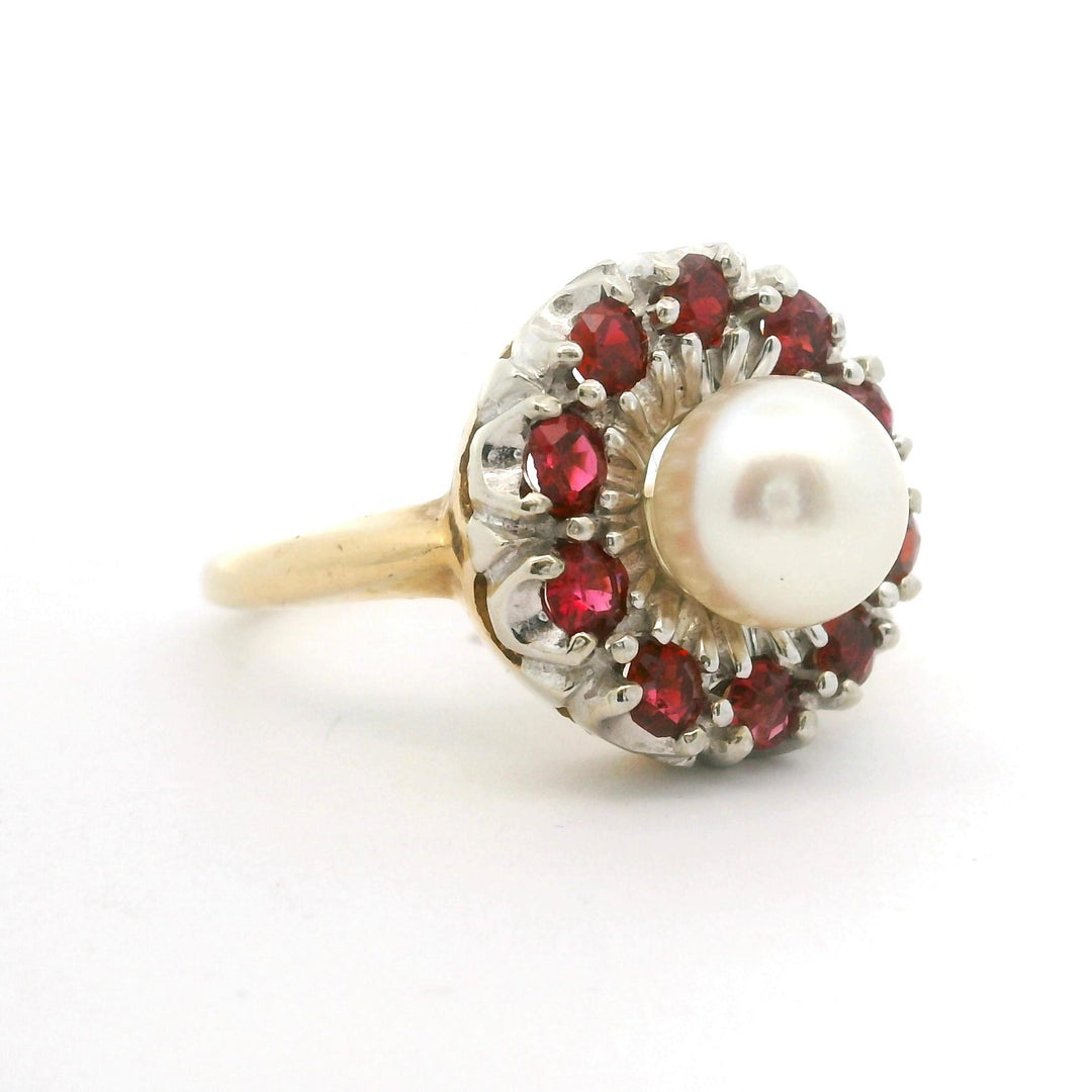 14k Yellow and White Gold Pearl and Ruby Ladies Ring Size 6.75