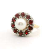 14k Yellow and White Gold Pearl and Ruby Ladies Ring Size 6.75