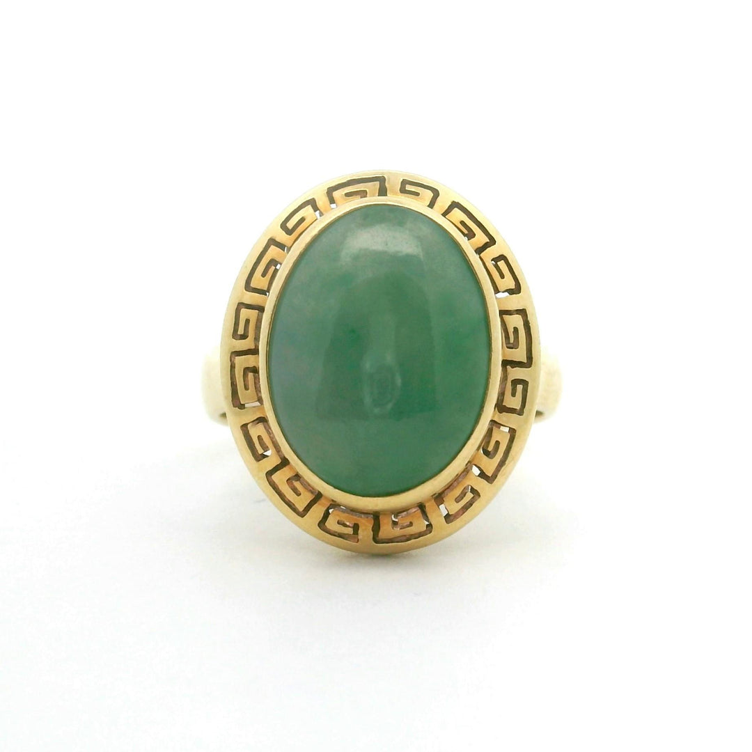 18k Yellow Gold 9.5g Greek Key Design Cabochon Jade Ring Size 6.75