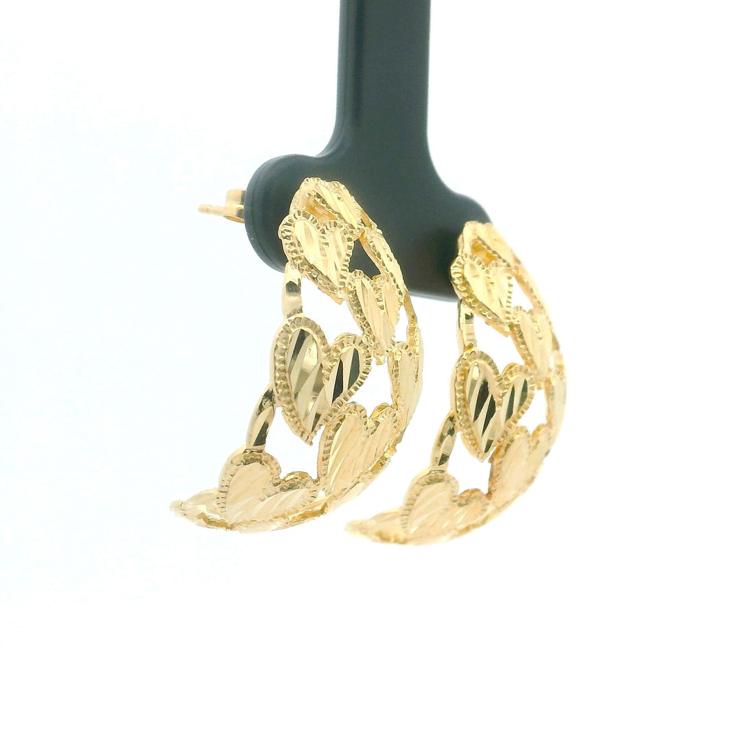 18k Yellow Gold 6.4g Solid Diamond Cut Heart Earrings 1"