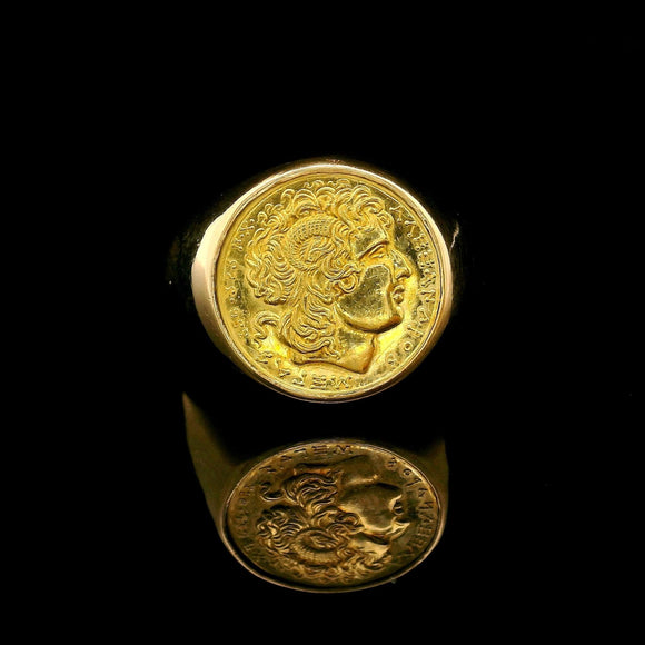 18k Yellow Gold 4.8g Alexander the Great Greek Signet Ring Size 8