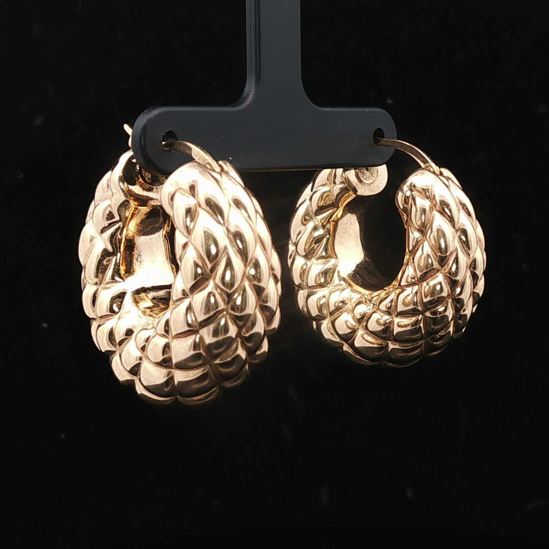 18k Yellow Gold 9.2g Ladies Puffed Quilted Chunky Hoop Earrings 1.2"