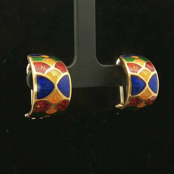 18k Yellow Gold and Enamel 10.7g Ladies Huggie Earrings Italy