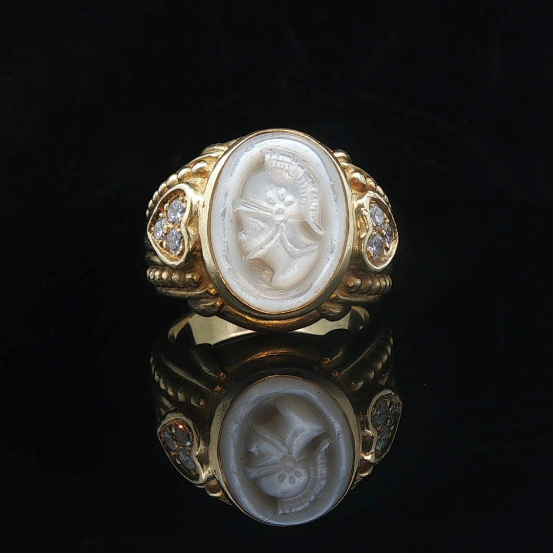 Judith Ripka 18k Yellow Gold Mother of Pearl and Diamond Intaglio Ring Size 9