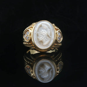 Judith Ripka 18k Yellow Gold Mother of Pearl and Diamond Intaglio Ring Size 9