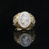 Judith Ripka 18k Yellow Gold Mother of Pearl and Diamond Intaglio Ring Size 9