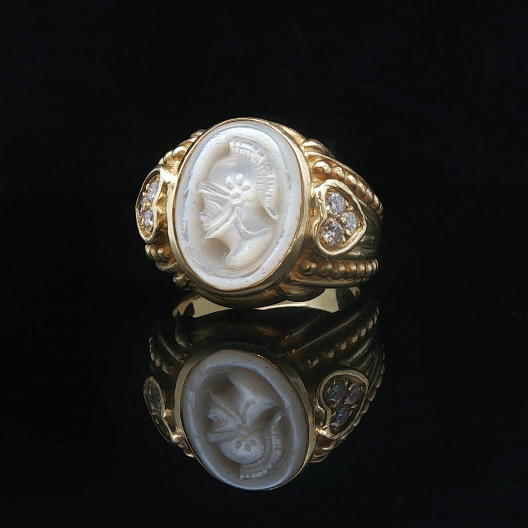 Judith Ripka 18k Yellow Gold Mother of Pearl and Diamond Intaglio Ring Size 9