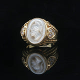 Judith Ripka 18k Yellow Gold Mother of Pearl and Diamond Intaglio Ring Size 9