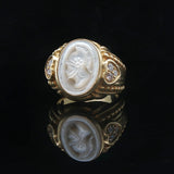 Judith Ripka 18k Yellow Gold Mother of Pearl and Diamond Intaglio Ring Size 9