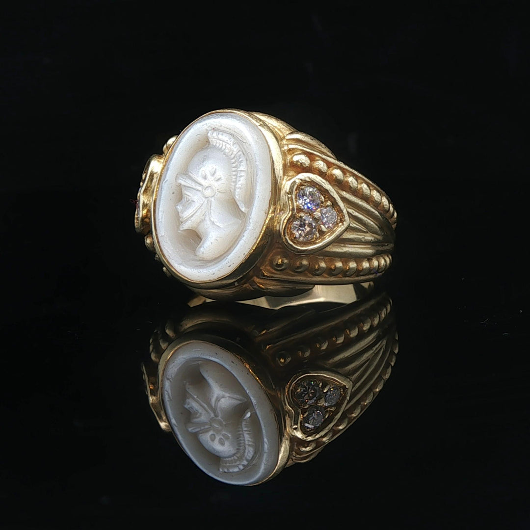 Judith Ripka 18k Yellow Gold Mother of Pearl and Diamond Intaglio Ring Size 9