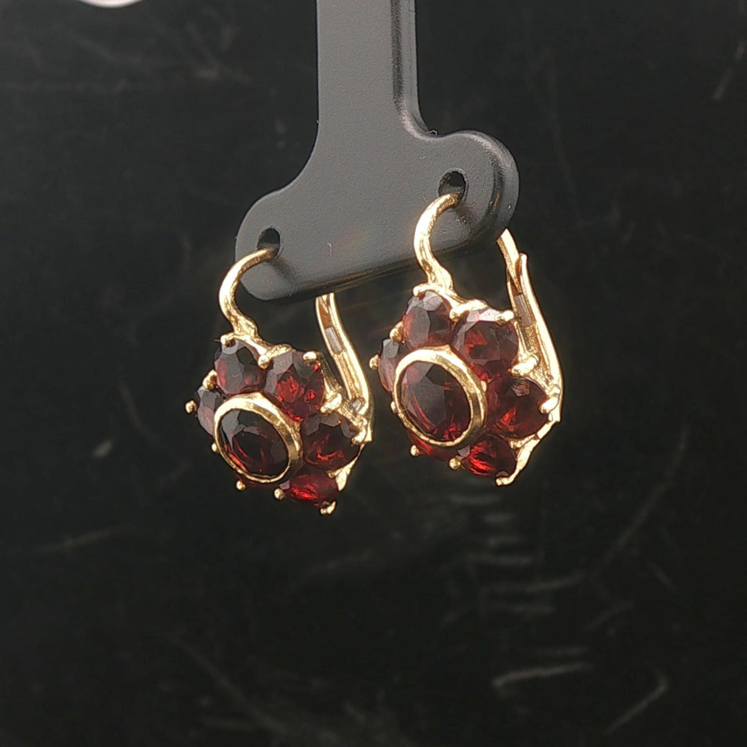 18k Yellow Gold and Red Garnet 5g Vintage Floral Drop Earrings Italy