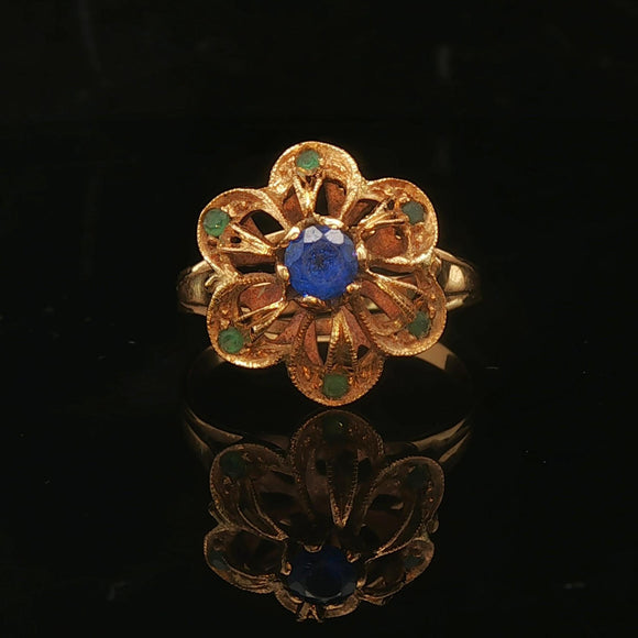 19k Portuguese Yellow Gold Blue Spinel and Green Glass Vintage Ring Size 5.75