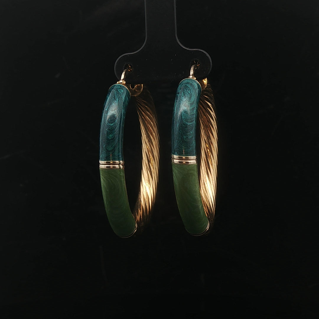 18k Yellow Gold and Green Enamel 9.9g Spiral Hoop Earrings Italy 1.7"