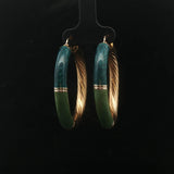 18k Yellow Gold and Green Enamel 9.9g Spiral Hoop Earrings Italy 1.7"