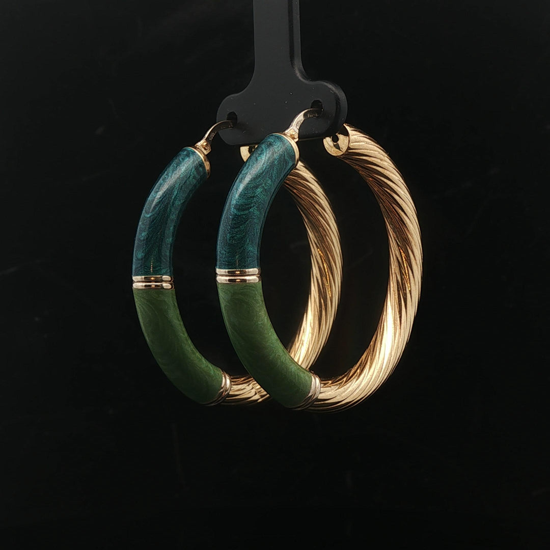 18k Yellow Gold and Green Enamel 9.9g Spiral Hoop Earrings Italy 1.7"