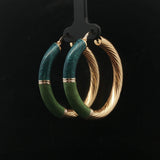 18k Yellow Gold and Green Enamel 9.9g Spiral Hoop Earrings Italy 1.7"