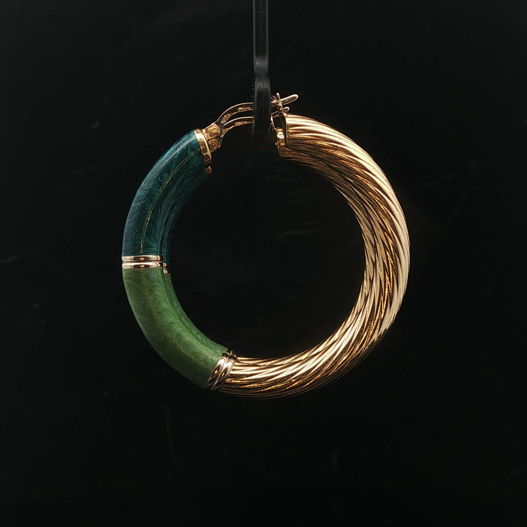 18k Yellow Gold and Green Enamel 9.9g Spiral Hoop Earrings Italy 1.7"