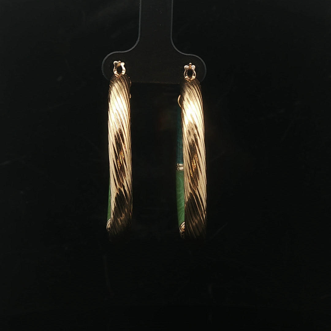 18k Yellow Gold and Green Enamel 9.9g Spiral Hoop Earrings Italy 1.7"