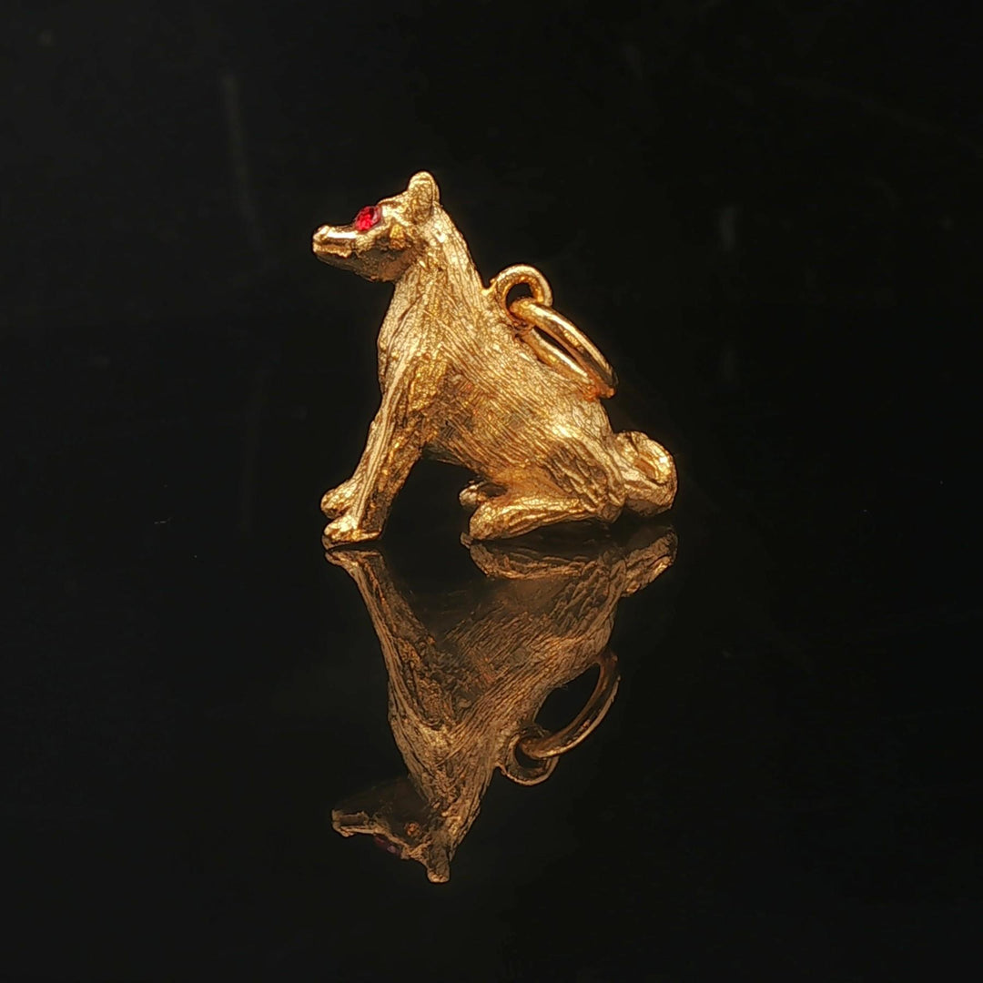 24k Pure Yellow Gold and Red Glass 5.9g Solid Heavy Dog Charm