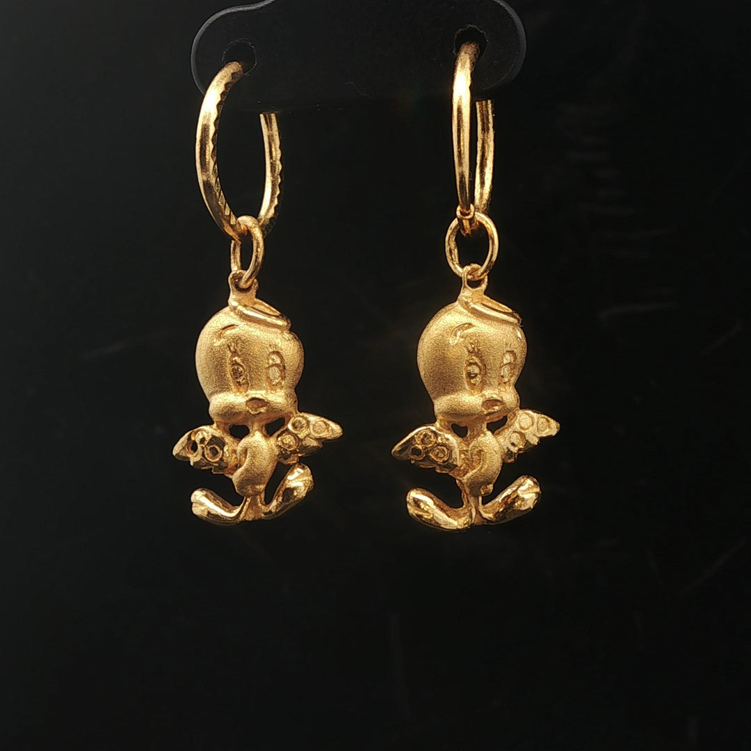 24k Pure Yellow Gold 6.6g Angel Tweety Bird Drop Dangle Earrings 1.3"