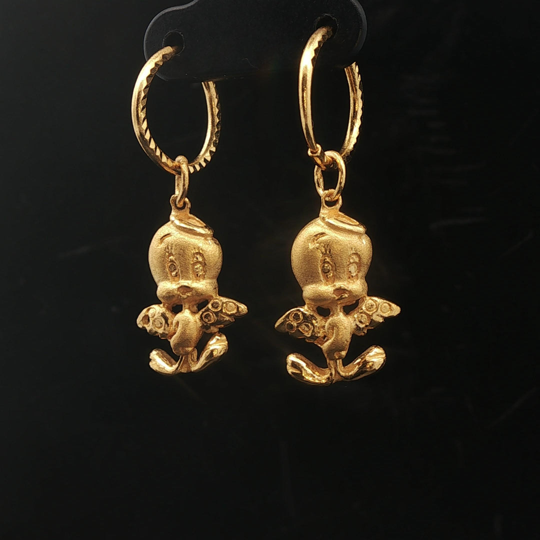 24k Pure Yellow Gold 6.6g Angel Tweety Bird Drop Dangle Earrings 1.3"