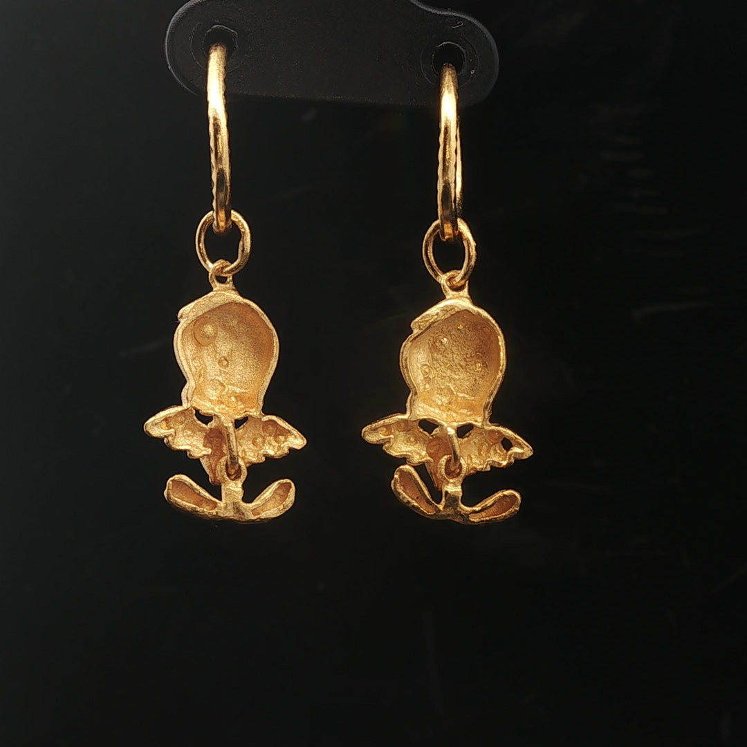 24k Pure Yellow Gold 6.6g Angel Tweety Bird Drop Dangle Earrings 1.3"