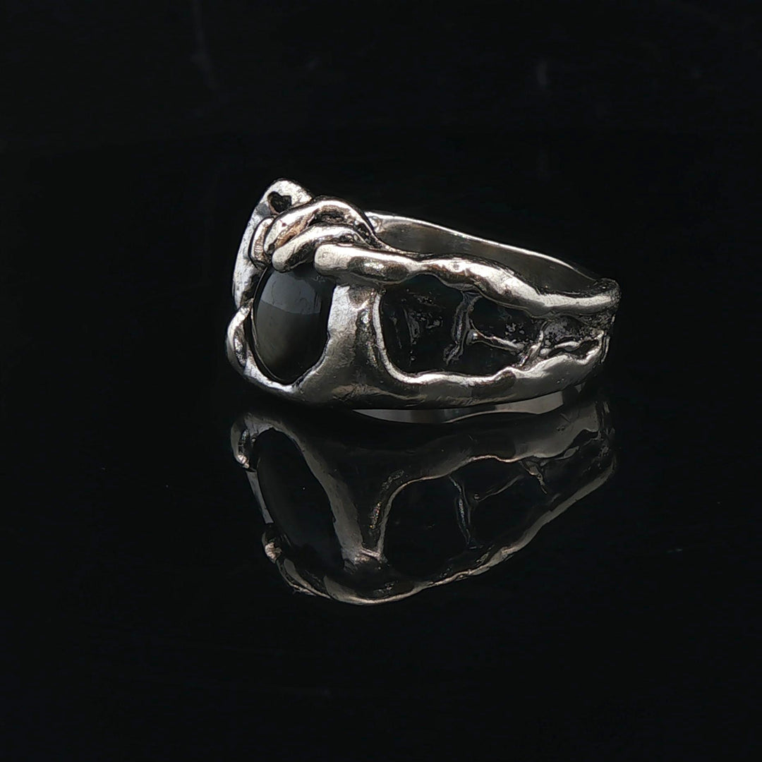 14k White Gold and Black Star Sapphire 15g Heavy Abstract Ring Size 8.5