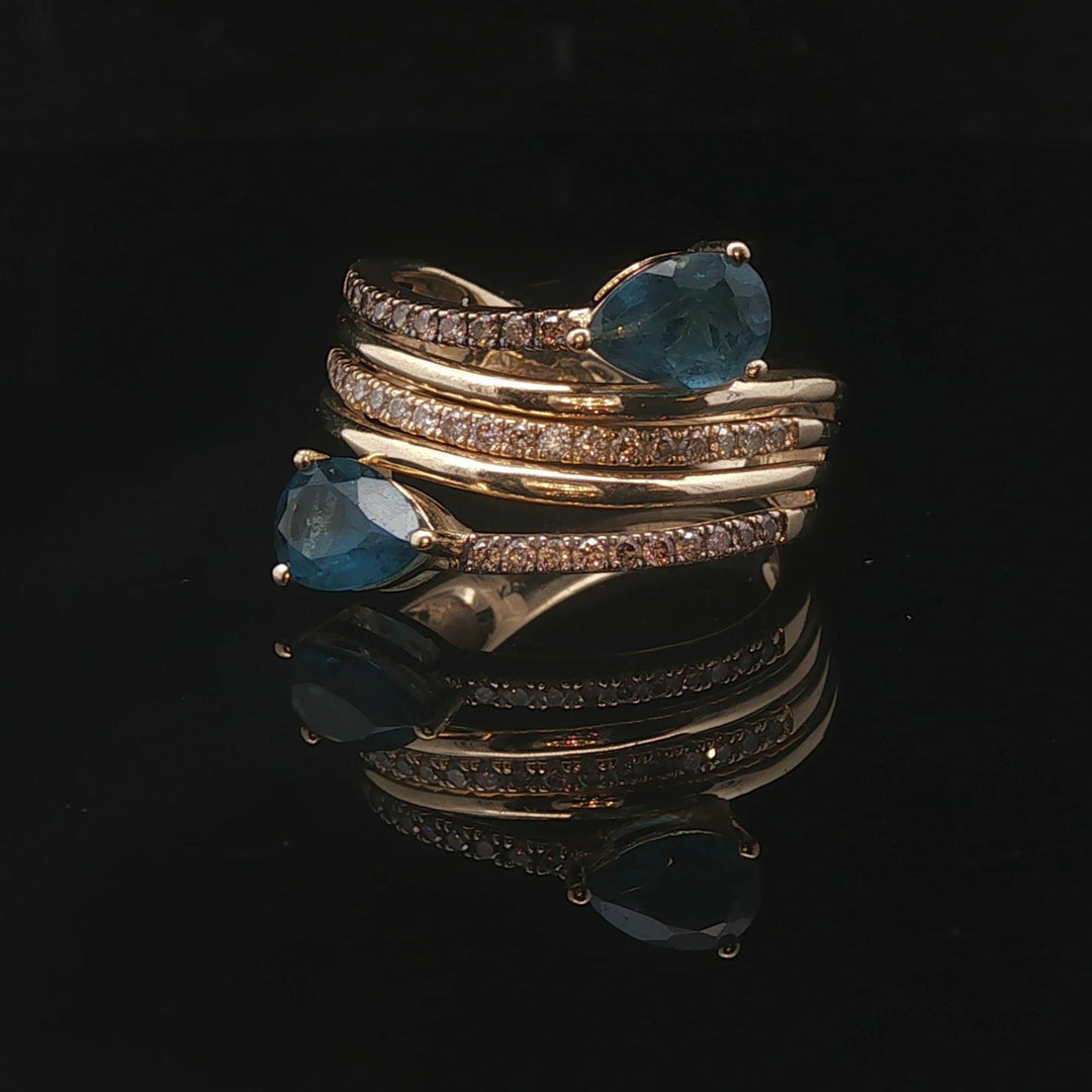 LeVian 14k Yellow Gold London Blue Topaz and Diamond Bypass Ring Size 7