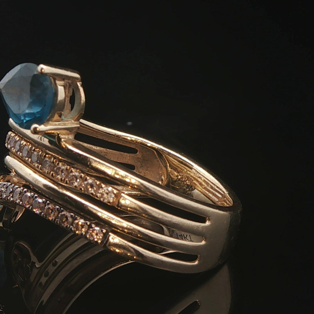 LeVian 14k Yellow Gold London Blue Topaz and Diamond Bypass Ring Size 7