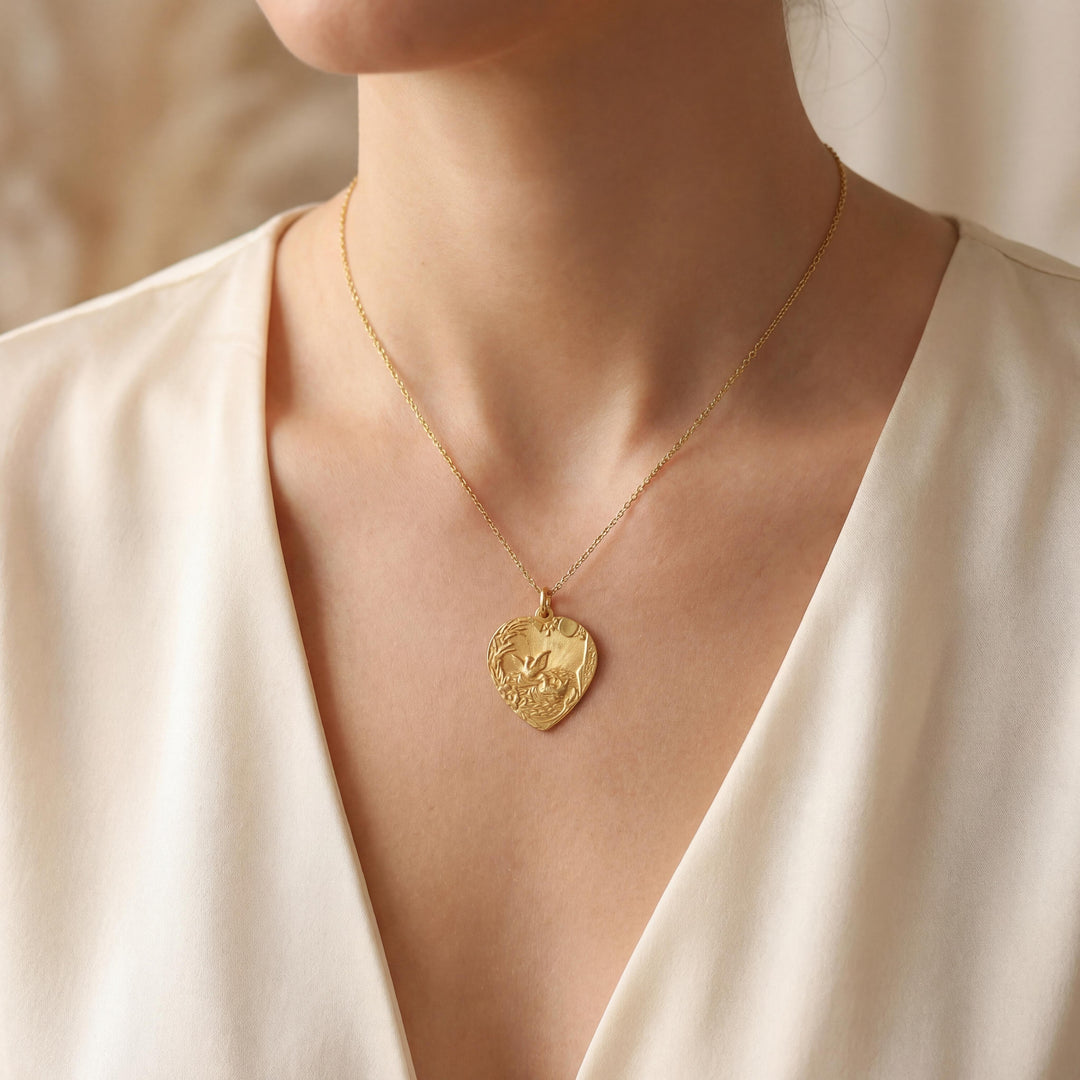 24k Pure Yellow Gold 6.7g Solid Asian Ducks Love Heart Charm Pendant 1.25"