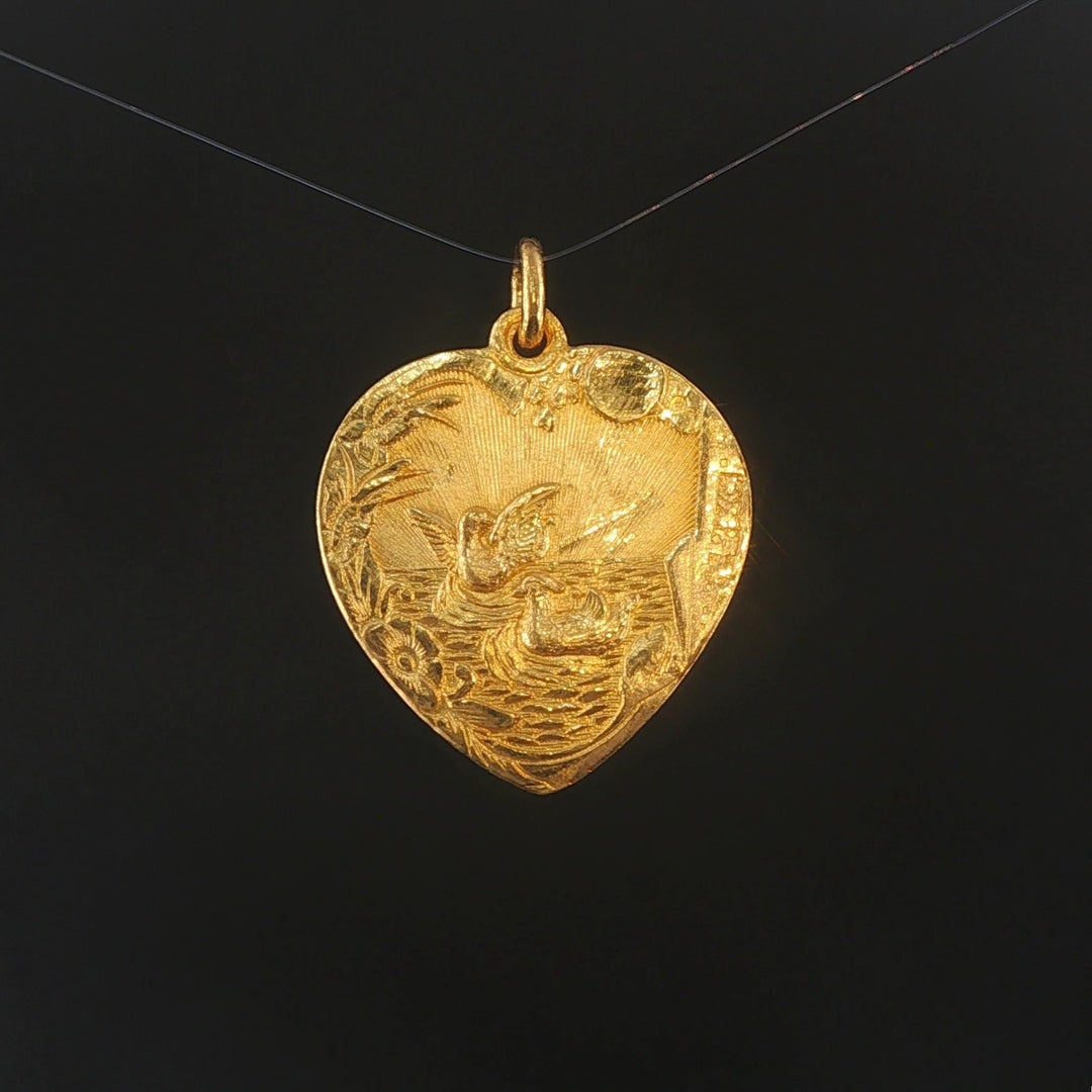 24k Pure Yellow Gold 6.7g Solid Asian Ducks Love Heart Charm Pendant 1.25"
