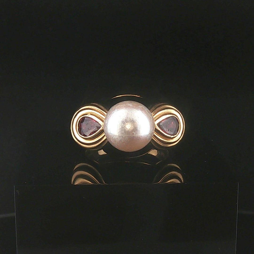 18k Yellow Gold Pearl Red Garnet and Enamel Vintage Ring Size 6.25