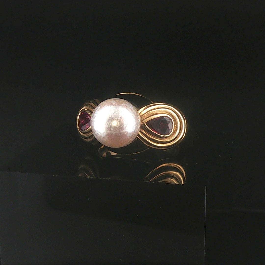 18k Yellow Gold Pearl Red Garnet and Enamel Vintage Ring Size 6.25