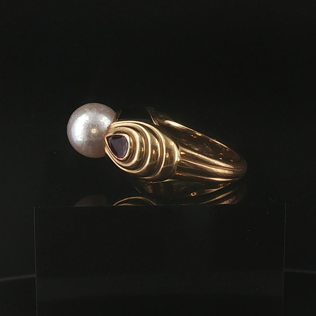 18k Yellow Gold Pearl Red Garnet and Enamel Vintage Ring Size 6.25