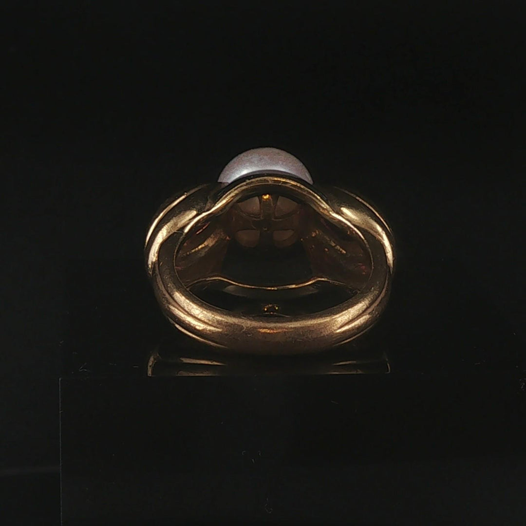 18k Yellow Gold Pearl Red Garnet and Enamel Vintage Ring Size 6.25