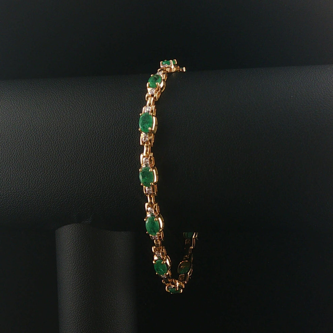 14k Yellow Gold Emerald and Diamond 10g Ladies Fancy Link Bracelet 7.5"