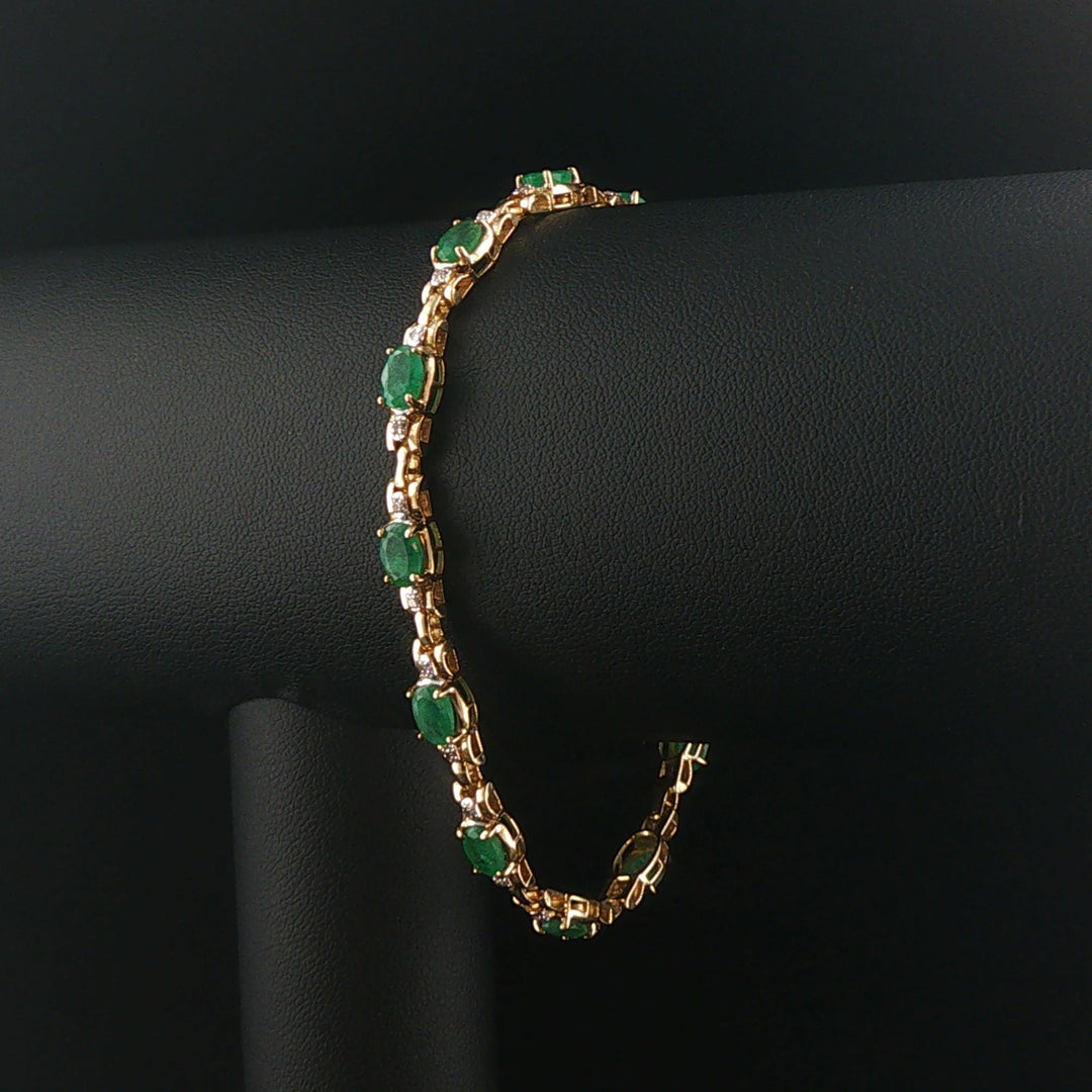 14k Yellow Gold Emerald and Diamond 10g Ladies Fancy Link Bracelet 7.5"