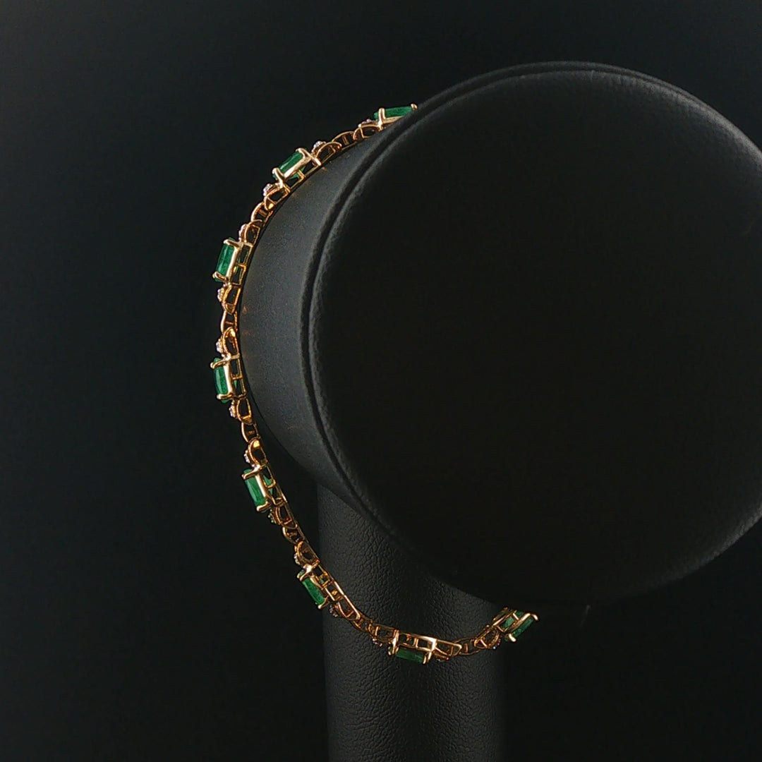 14k Yellow Gold Emerald and Diamond 10g Ladies Fancy Link Bracelet 7.5"