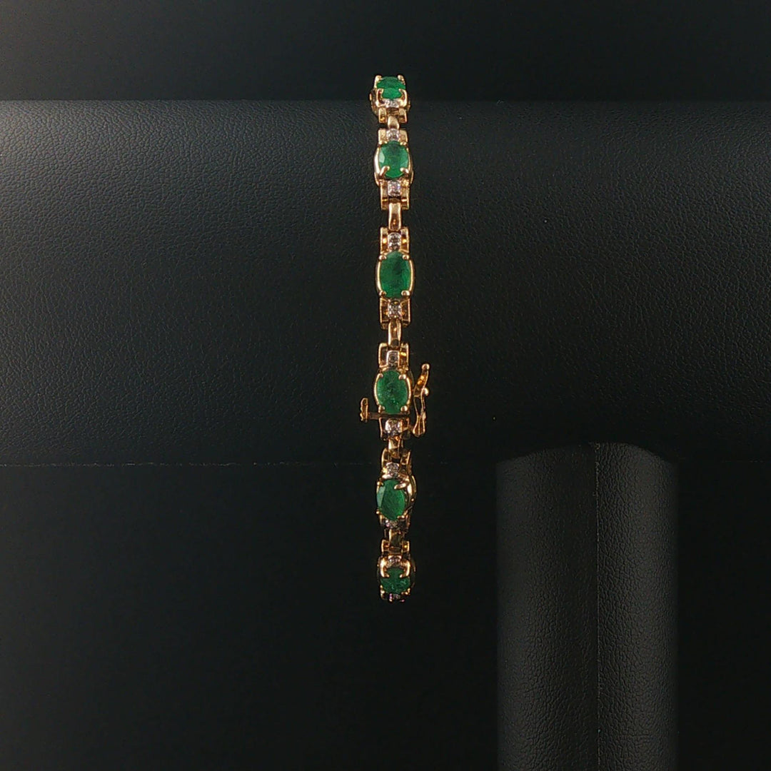 14k Yellow Gold Emerald and Diamond 10g Ladies Fancy Link Bracelet 7.5"