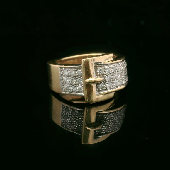 14k Yellow Gold and Diamond Solid Vintage Buckle Ring Size 7
